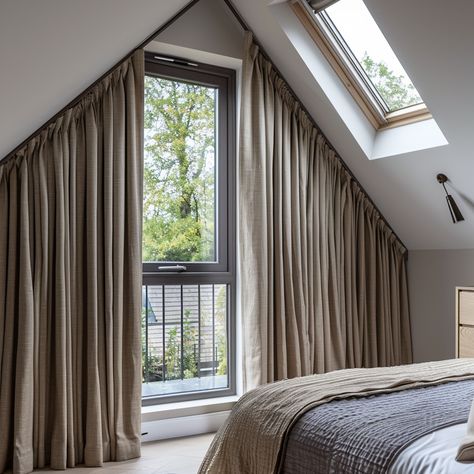 If you have an angled window in a bedroom, apex curtains could be the answer to ensure complete blackout on an evening. Get in touch for a bespoke quote! Curtains For Apex Windows, Curtains For Angled Windows, Slanted Window Curtains, Angled Curtains, Apex Curtains, Apex Window Curtains, Linen Curtains Bedroom, Loft Curtains, Bedroom Curtains With Blinds