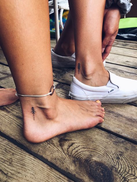 Stick And Poke Nature Tattoo, Nature Stick N Poke, Mountain Stick And Poke, Matching Tattoos Nature, Tree Stick And Poke, Small Outdoor Tattoos, Small Outdoorsy Tattoos, Ankle Stick And Poke Tattoo, Nature Matching Tattoos