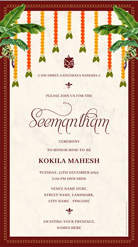 Traditional Indian Seemantham Invitation Card Online Sreemantham Invitation Templates, Home Pooja Invitation Card, Nalangu Invitation, Seemantham Invitation Card Traditional, God Bharai Invitation, Seemantham Invitation Card Template, Tamil Invitation Cards, Traditional Invitation Templates, Sreemantham Invitation Card