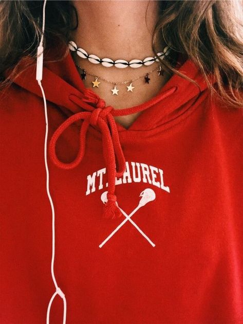 VSCO - foreversummerr Lacrosse Hoodie, Vsco Girl, Lacrosse, Close Up, A Woman, Necklaces, Stars, Red, White