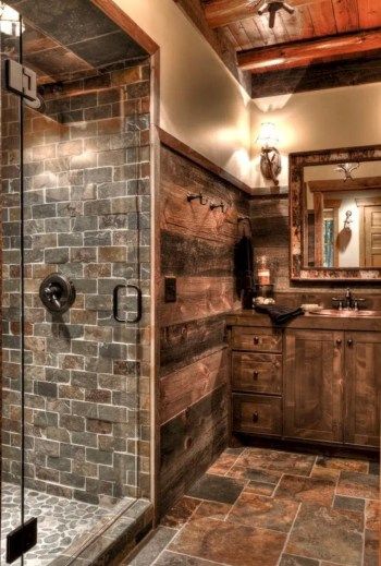 Rustic Bathroom Remodel, Rustic Shower, Cabin Bathrooms, Farmhouse Flooring, Rustic Bathroom Designs, Revere Pewter, Country Bathroom, Rustic Bathroom Decor, Rustic Bathrooms