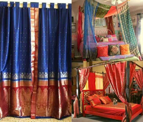 reuse old silk sarees, ideas to recycle old sarees, what to do with old silk kajeevaram sarees Saree Revamp Ideas, Saree Repurpose, Saree Curtains, Sarees Ideas, Saree Reuse, Indian Curtains, India Decor, Home Lanterns, Bohemian Curtains