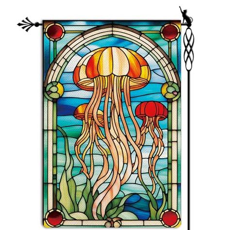 Glass Style, Stained Glass Art, Garden Flags, Jellyfish, Stained Glass, Burlap, Lawn, Glass Art, Double Sided