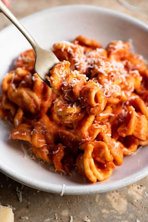 A close up of a fork over a bowl of orecchiette pasta in a spicy tomato sauce Side Pasta, Nduja Recipe, Cafeteria Aesthetic, Butter Sauce For Pasta, Chipotle Pasta, Authentic Pasta, Gremolata Recipe, Red Pasta, Italian Recipe