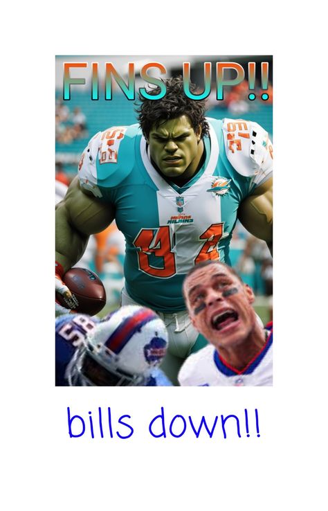 The Incredible Hulk in a Miami Dolphins uniform mowing down two Bills players. Miami Dolphins Memes, Miami Dolphins Funny, The Incredible Hulk, Meet Again, January 7, Incredible Hulk, Buffalo Bills, Miami Dolphins, Hulk