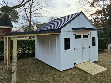 12x12 Shed in Suffolk VA - Tidewater Sheds Shed Porch Roof, Shed With Front Porch, Shed With Side Porch, Doobie Den, 12x12 Shed, Farmhouse Sheds, Barn Style Shed, Shed With Porch, Yard Inspiration