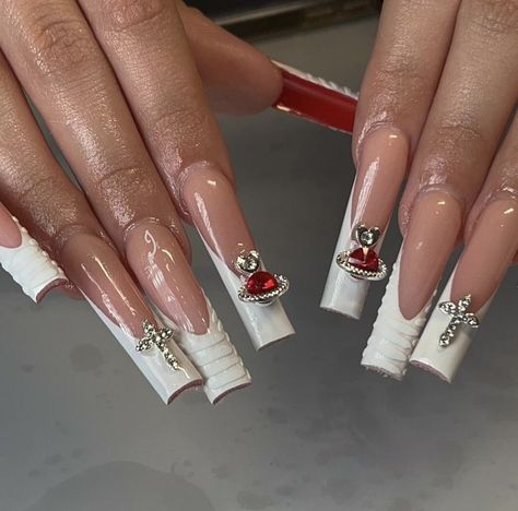 White Acrylic Nails With Red Bottoms, French Tip Red Bottom Nails, Long White French Tip, Silver French Tip, 19 Bday, Bottom Nails, Red Bottom Nails, Practice Nails, Prom Prep