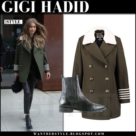 Gigi Hadid in green military style coat, black leather pants and black boots Military Coat Outfit, New York February, Military Style Coats, Khaki Coat, Military Coat, Hadid Style, Black Leather Pants, Military Style Jackets, Style Coat