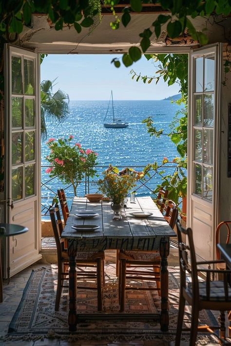 Costal Italian Aesthetic, House With Beach View, Europe House Interior, House By The Beach Aesthetic, Homes In Greece, House On The Beach Aesthetic, Italy Home Aesthetic, European Summer Home, Ocean Side House