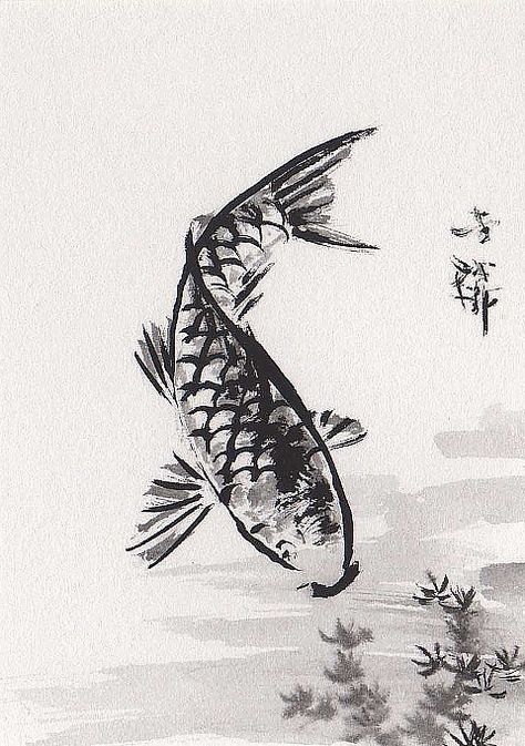 Lin Li's Chinese Art: Orig Art ACEO SumiE Chinese Ink Brush Painting KOI Fish Easy Ink Art, Chinese Fish Painting, Ink Art Easy, India Ink Art Ideas, Chinese Art Tattoo, Chinese Art Drawing, India Ink Art, Ink Brush Art, Japanese Ink Art