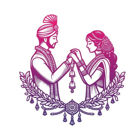 Indian Wedding Vector, Wedding Drawing Couple, Indian Wedding Painting, Indian Wedding Elements, Hindu Wedding Bride, Mehendi Sketch, Bride Groom Illustration, Figure Mehendi, Portrait Mehendi