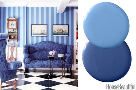 "Striped walls create intimacy in a large foyer and take your attention away from awkward bump-outs that interrupt the room. I pulled the two blues out of the damask on the sofa. They have the richness of 18th-century American paint colors and create that fantastic vibrancy you get with blue on blue." —Carl D'Aquino Benjamin Moore Nova Scotia Blue 796 & Athens Blue 797 Benjamin Moore Nova Scotia Blue, Blue Benjamin Moore, Color Combinations Paint, Front Door Paint Colors, Decorating 101, Large Foyer, Door Paint Colors, American Paint, Pintura Exterior