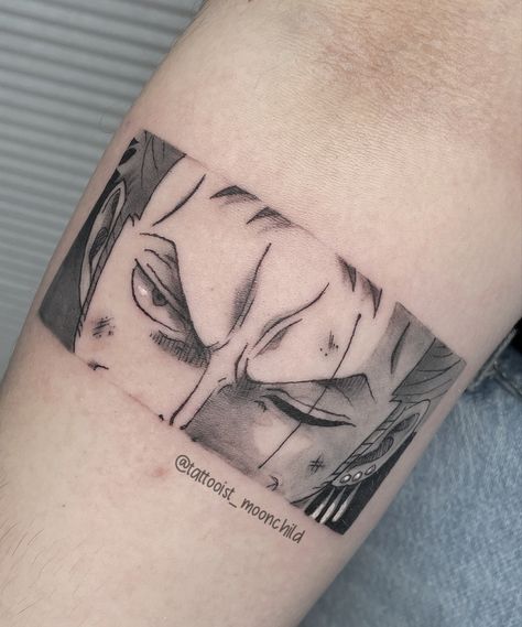 Zoro One Piece Manga Panel Tattoo 🔥 Black&Grey Otaku Tattoo ♥️ MOONCHILD 愛 📍Lyon One Piece Manga Panel Tattoo, Panel Tattoo Manga, Manga Panel Tattoo Ideas, Zoro Tattoo Design, Zoro Tattoo Ideas, Zoro One Piece Manga, Anime Panel Tattoo, Panel Tattoos, Zoro One Piece Tattoo