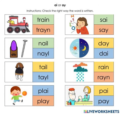 Ay or ai worksheet Long A Words Worksheet, Vowel Teams Worksheets, Teaching Cursive, Phonics Printables, Phonics Flashcards, Phonics Blends, Vowel Worksheets, Blends Worksheets, Phonics Posters