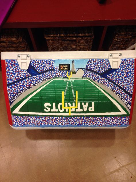 Patriots cooler Patriots Painting, Formal Cooler Ideas, Fraternity Coolers, Formal Cooler, Diy Cooler, Cooler Ideas, Frat Coolers, Cooler Painting, Sorority Crafts