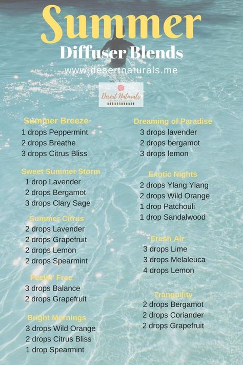 Summer Essential Oil Diffuser Blends Summer Diffuser Blends, Summer Essential Oils, Doterra Diffuser Blends, Essential Oil Combinations, Essential Oil Diffuser Blends Recipes, Essential Oils Guide, Essential Oil Diffuser Recipes, Oil Diffuser Recipes, Essential Oil Blends Recipes