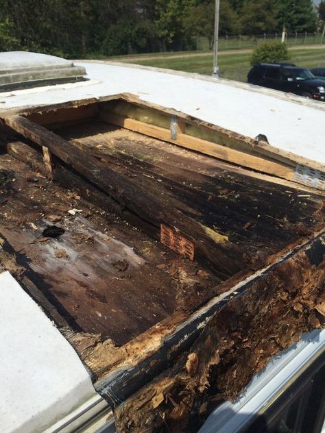 The first time I inspected our fifth wheel camper I noticed a soft area on the roof around the TV antenna which i would have to repair Diy Camper Roof Repair, Camper Roof Replacement, Rv Roof Replacement, Camper Roof Repair, Camper Office, Camper Updates, Camper Exterior, Rv Roof Repair, Trailer Makeover