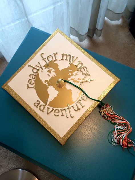 World Travel Grad Cap Creative Graduation Caps, Grad Cap Decorated, Custom Graduation Caps, High School Graduation Cap, College Graduation Cap Decoration, Grad Hat, Graduation Party Diy, Grad Cap Designs, Diy Graduation Cap