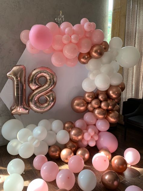 Pink, white and rose gold balloon arch decoration for an 18th birthday. Pink White Rose Gold Balloons, Pink White And Gold Birthday Party, 18th Birthday Rose Gold Theme, Pink White And Gold Balloon Arch, Pink Gold White Birthday Party, 18th Birthday White And Gold, Rose Gold Pink And White Birthday Party, Pink 18th Birthday Party Decorations, 18th Birthday Party Ideas Pink