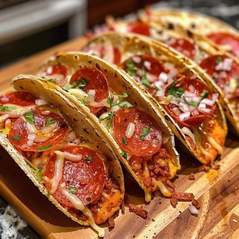 Meat Lovers Pepperoni Pizza Tacos | Pizza Tacos Flour Tortillas, Crunchy Taco Shells, Pizza Tacos, Taco Shell, Taco Fillings, Taco Pizza, Classic Pizza, Taco Stuffed Shells, Meat Lovers