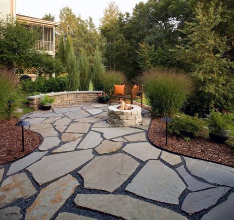 Top 60 Best Flagstone Patio Ideas - Hardscape Designs Stone Patio With Fire Pit, Flagstone Patio Design, Patio With Fire Pit, Stone Patio Designs, Flagstone Walkway, Large Backyard Landscaping, Fire Pit Landscaping, Stone Patio, Hardscape Design