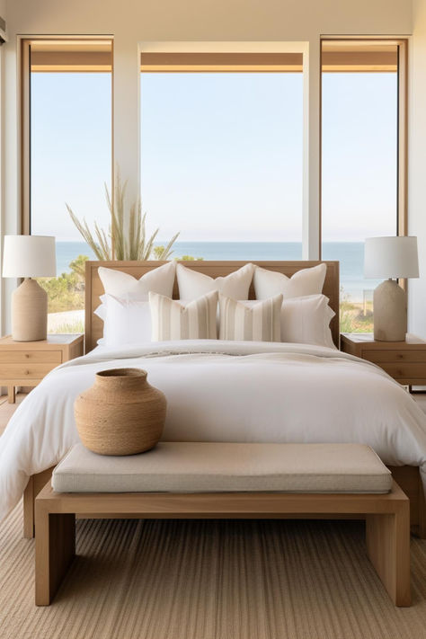 30 Minimalist Coastal Bedroom Designs to Create a Warm Ambiance Coastal Minimalist Bedroom, Beach House Master Bed, Coastal Bedroom Ideas Master Suite, Minimalist Coastal Bedroom, Coastal Contemporary Bedroom, Seaside Themed Bedroom, Tommy Bahama Bedroom, Neutral Coastal Bedroom, Coastal Modern Bedroom