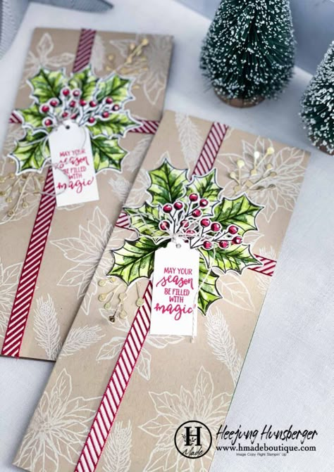 Double Slider Gift Card Holder Tutorial, Slimline Card Ideas Christmas, Slimline Christmas Card Ideas, Slimline Cards Ideas, 2023 Christmas Cards, Slim Line Christmas Cards, Lang Christmas Cards, Slimline Christmas Cards, Slimline Card Ideas