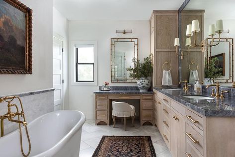 Brown Makeup Vanity, Skirted Vanity, Brass Tub, Oval Tub, Brass Faucets, Brass Sconces, Bamboo Mirror, Transitional Bathroom, Brown Makeup