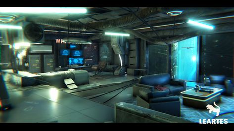 Sci Fi Apartment, Futuristic Apartment, Cozy Attic Bedroom, Cyberpunk Apartment, Gamer Room Design, Cyberpunk Interior, Cozy Attic, Interior Environment, Attic Bedroom Designs