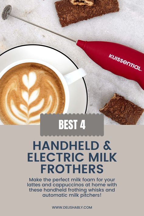 handheld milk frothing wand and cup of frothy coffee, best electric and automatic pitchers for home use Creamy Drinks, Lattes At Home, Handheld Frother, French Presses, Electric Milk Frother, Coffee Making, Best Coffee Maker, Milk Foam, Espresso Makers