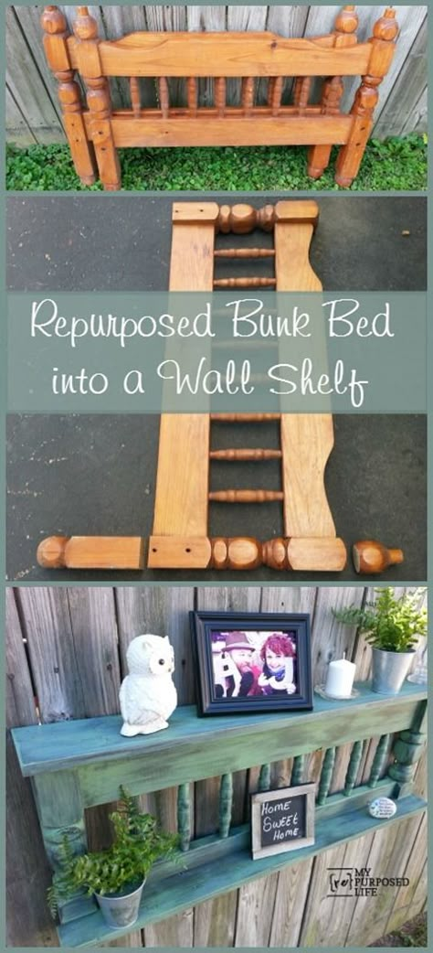 My Repurposed Life makes a useful wall shelf out of a repurposed bunk bed @repurposedlife Bed Wall Shelf, Wall Shelf Diy, Bunk Bed Wall, Diy Beds, Shelf Diy, Deco Nature, Have Inspiration, Repurposed Items, Bed Wall