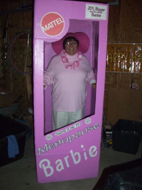 Menopause Barbie in a box costume...20% larger than your average barbie...Comes complete with Hot Flashes, Mood Swings, Antidepressants, Panty Liners, Spare Tire, Reading Glasses, and Stray Chin Hairs! Barbie Humor, Barbie Halloween Costume, Chin Hair, Teacher Costumes, Box Costumes, Barbie Funny, Barbie Halloween, Homemade Halloween Costumes, Barbie Costume