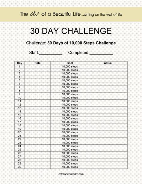 10,000 Steps a Day for 30 Days - Let's do it! | BLOG {The Art of a Beautiful Life} #fitness #challenge #fitbit http://artofabeautifullife.com/free-printable-30-day-challenge/30-day-challenge-10000-steps/ Step Challenge, Month Workout Challenge, 10000 Steps A Day, 10000 Steps, Fitness Tracker Printable, Walking Challenge, 10k Steps, Steps Per Day, A Beautiful Life