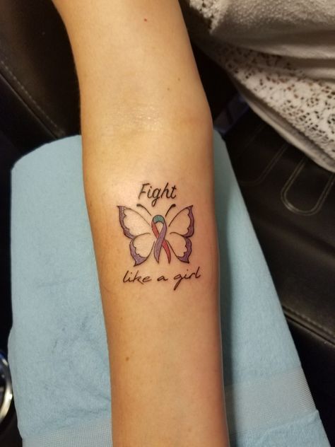 Thyroid Tattoo Ideas, Thyroid Tattoo, Tattoo Breastcancer, Purple Ribbon Tattoos, Zodiac Tattoos For Cancers, Thyroid Removal, Multiple Awareness Ribbon Tattoo, Lymphoma Tattoo, Cute Tattoos For Cancers