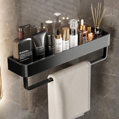 Better receive capacity upgrade r than the bathroom clean and tidy Finish: Black, Size: 3.9" H x 11.8" W x 4.9" D | Ebern Designs Taquon Metal Floating Shelf w / Towel Bar Metal in Black, Size 3.9 H x 11.8 W x 4.9 D in | Wayfair | Home Decor Washroom Accessories, Metal Floating Shelves, Bathroom Counter Decor, Black Bathroom Accessories, Wall Mounted Towel Rack, Bar Metal, Living Wall Decor, Counter Decor, Striped Shower Curtains