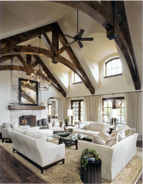 Mountain Modern Living Room, Cathedral Ceiling Living Room, Vaulted Ceiling Beams, Beams Living Room, Vaulted Ceiling Living Room, High Ceiling Living Room, Farmhouse Kitchens, Ceiling Ideas, Modern Farmhouse Living Room