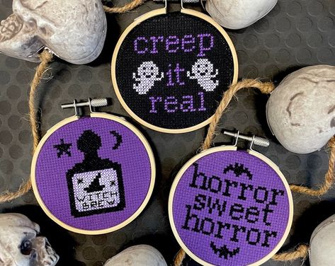 Witch Cross Stitch Pattern, Stitch Box, Everything Cross Stitch, Witch Cross Stitch, Horror Collection, Real Witches, Creep It Real, Purple Pumpkin, Photo Pattern