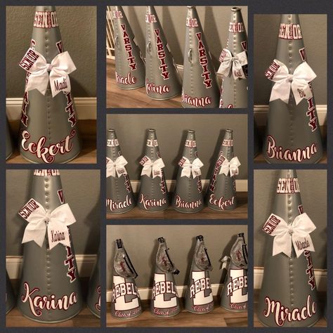 Customized Senior Cheerleader Megaphone using Cameo 3 / Silhouette software and vinyl Senior Cheer Megaphone Ideas, Senior Megaphone Ideas, Diy Megaphone Cheerleading, Diy Megaphone, Senior Night Gift Ideas Cheerleading, Cheer Megaphone Designs Ideas, Cheer Gifts Diy, Cheer Homecoming, Cheerleading Diy