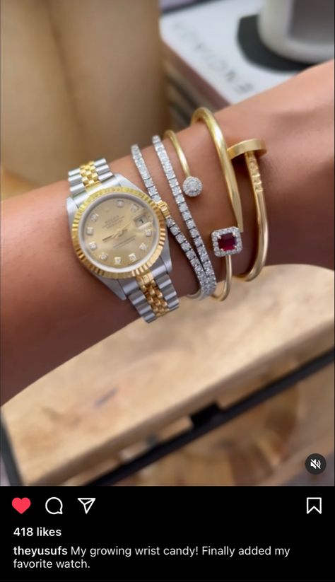 Rolex watch and a slim diamond tennis bracelet from the Yusufs Instagram page The Yusufs, Wrist Candy, Luxe Jewelry, Diamond Tennis Bracelet, Rolex Watch, Tennis Bracelet Diamond, Instagram Page, Cartier Love Bracelet, Tennis Bracelet