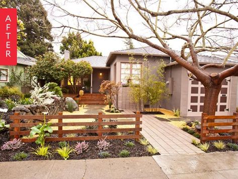 Yard Before And After, Curb Appeal Landscape, Front Yards Curb Appeal, Hardscape Design, Yard Landscape, Front Yard Design, Front Yard Fence, Front Yards, Exterior Makeover