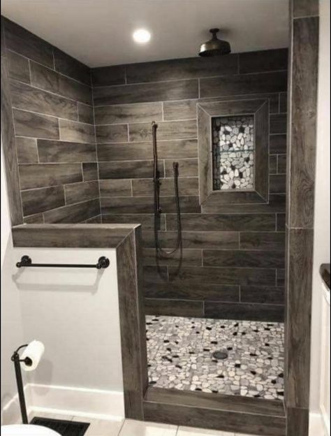 Cabin Shower Tile Ideas, Western Walk In Shower Ideas, Walk In Shower Rustic, Walk In Shower Half Wall No Door, Rustic Bathroom Backsplash Ideas, Manly Shower Tile Ideas, Dark Tile Walk In Shower, Small Bathroom Walk In Shower Ideas Pony Wall, Dark Brown Shower Tile