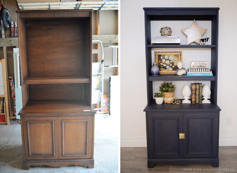 Navy Bookcase, Paint Bookcase, Refurbished Bookcase, Paint Transformation, Repurposed China, Bookcase Makeover, Painting Bookcase, Painted China Cabinets, Painted Bookshelves