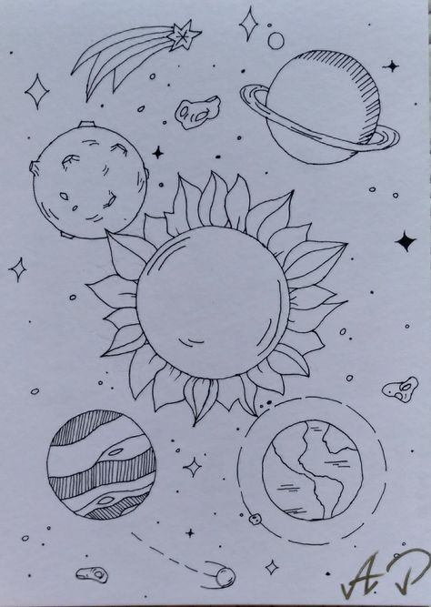 Doodles To Draw When Bored In School, Astronomy Drawings Easy, Drawing Ideas Space, Space Drawings Easy, Sun Drawing Aesthetic, Cool Things To Paint, Planets Drawing, Poster Making Ideas, Galaxy Drawing