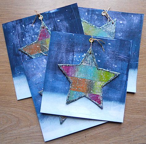 Arty Christmas Cards, Holiday Cards For Kids To Make, Christmas Cards Made By Kids, Gelli Plate Christmas Cards, Gelli Print Christmas Cards, Star Art Projects For Kids, Star Christmas Cards, Christmas Card Ideas Kids, Star Crafts For Kids