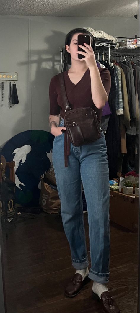 Brown And Blue Outfit, Blue And Brown Outfit, Librarian Aesthetic, Loafers Brown, Brown Loafers, Brown Shirt, Press Tour, Brown Outfit, Brown And Blue