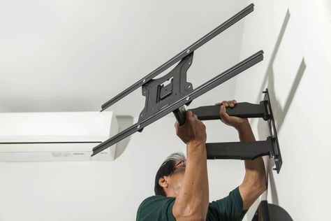 How to install my TV wall mount? How To Install Tv Wall Mount, Brick Wall Tv, Tv Mount Over Fireplace, Tv Mounted Above Fireplace, Mounted Tv Ideas Living Rooms, Tv Mounted, Tv Unit Design Modern, Tv Installation, Tv Stand Decor