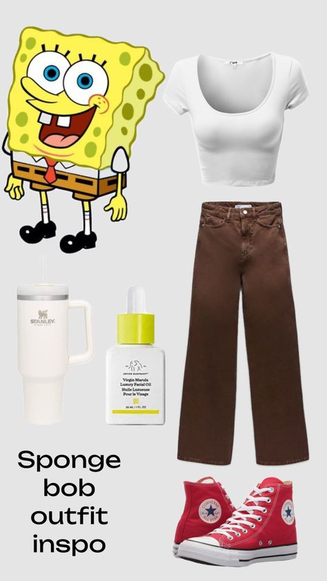 #spongebob Cute Spongebob Outfits, Spongebob Dress, Spongebob Outfit, Universal Outfits, Spongebob Halloween, Brown Pants Outfit, Sponge Bob, Brown Pants, Themed Outfits