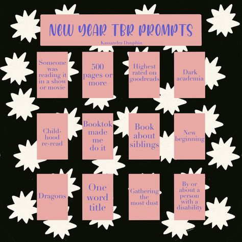 TBR prompt list for the new year. 12 prompts with a black and white starburst pattern Tbr Prompts Ideas, Tbr Prompt Jar Ideas, Tbr Jar Prompts, Tbr Prompts, Tbr Jar, Reading Prompts, Read With Me, Fable Stories, Prompt List