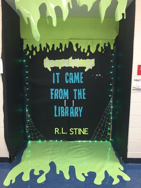 Library door decoration for Halloween Goosebumps Door Decoration, Halloween Library Door Decorations, School Library Halloween Decorations, Goosebumps Party Decorations, Goosebumps Halloween Decorations, Goosebumps Decorations, Goosebumps Decor, Library Halloween Decorations, Door Decoration For Halloween