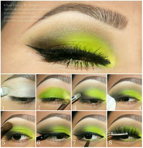 Love the colors blend Mike Wazowski Makeup, Lime Green Eyeshadow, Step By Step Eye Makeup, Green Makeup Tutorial, Cute Fluffy Kittens, Evening Eye Makeup, Bright Eye Makeup, Makeup Pictorial, Bold Eye Makeup